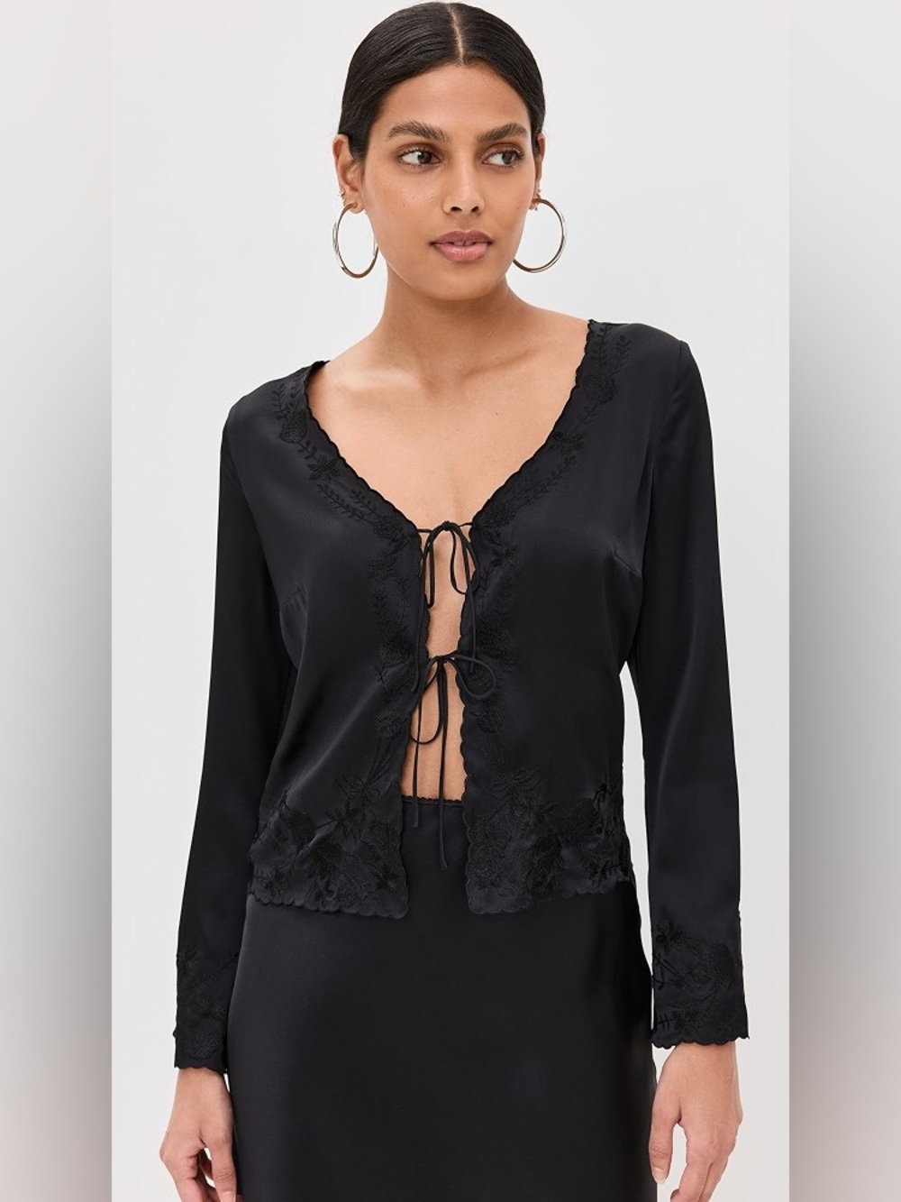 Reformation 2 Rosina Black Silk Embroidered Blouse Adjustable Ties